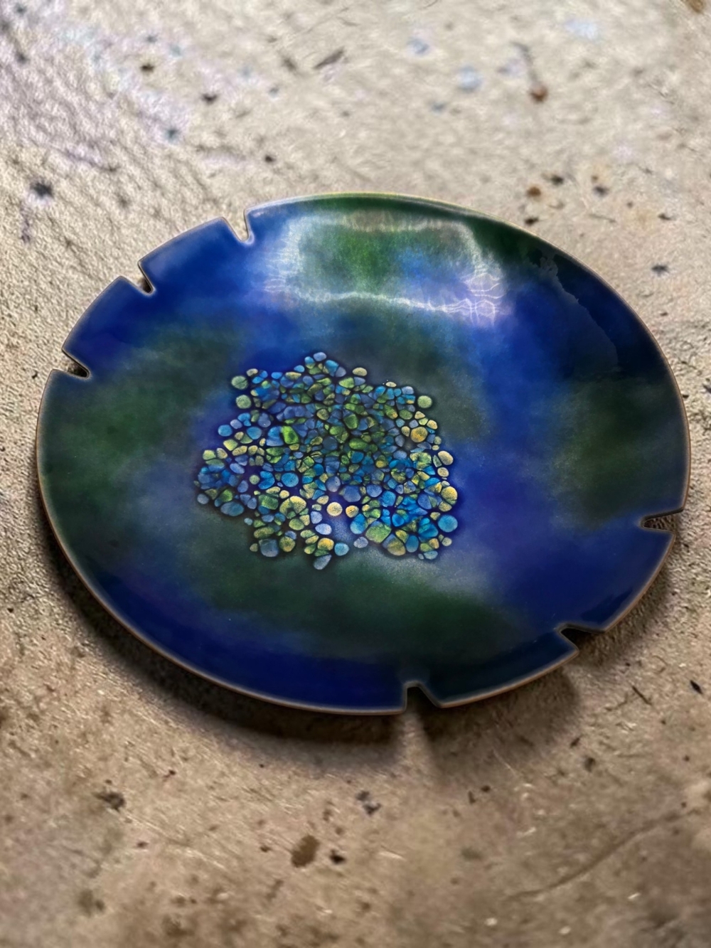 Vintage Bovano Enamel Art Bowl / Ashtray – 9” Blue Green Iridescent Mid Century